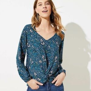 LOFT Floral V-Neck Blouse - Teal